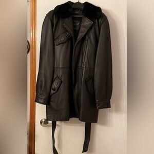 Danier Black Leather Coat with Fur Collar